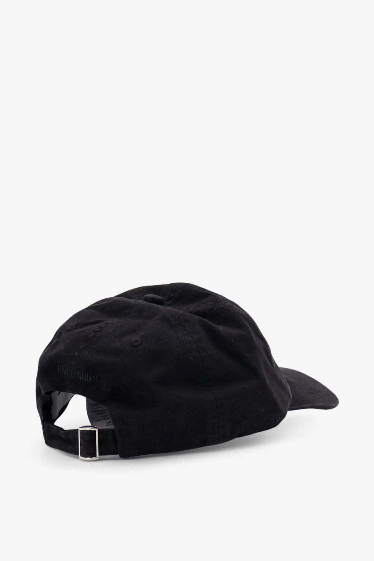 Black cotton baseball cap with silver buckle and adjustable strap shown from the back for oamc peacemaker men