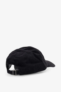 Black cotton baseball cap with silver buckle and adjustable strap shown from the back for oamc peacemaker men