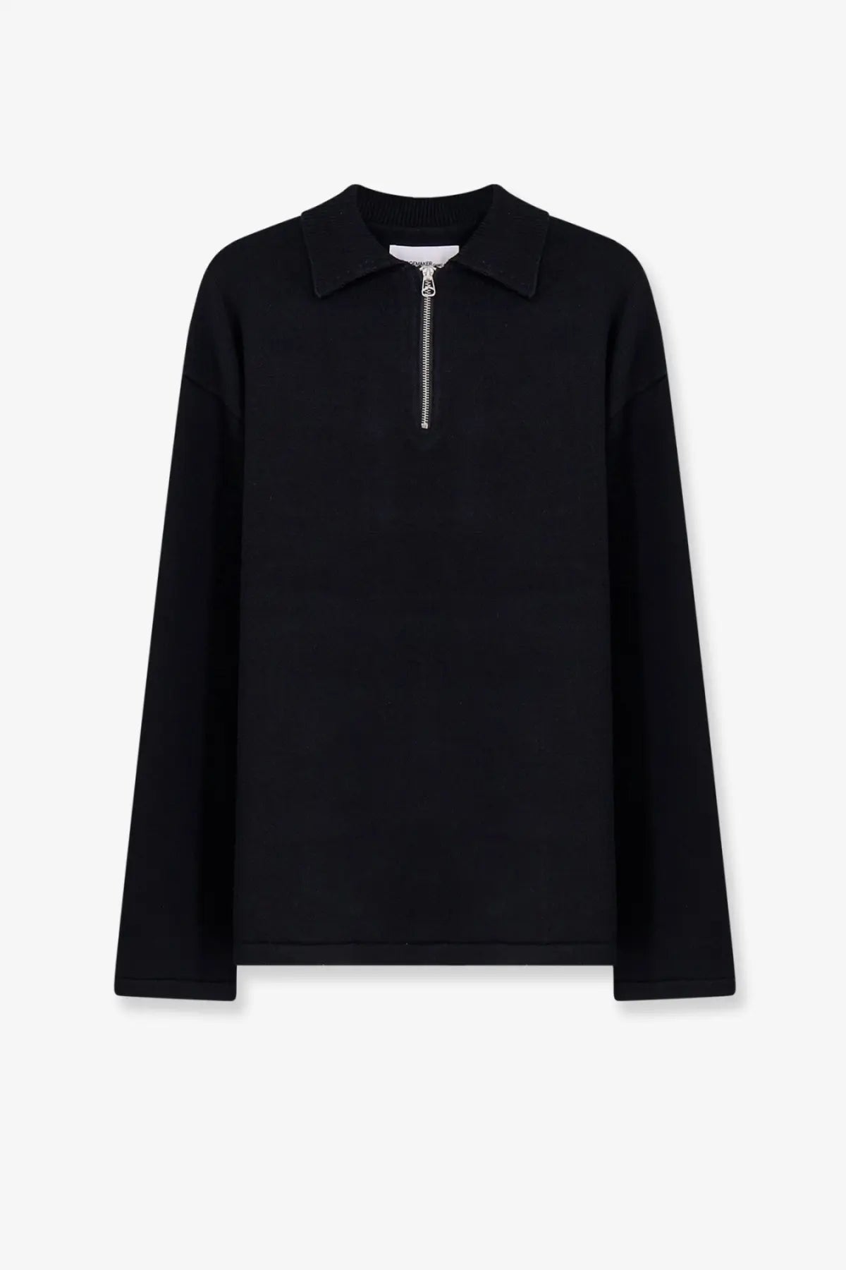 Oamc peacemaker men’s black cotton polo shirt with long sleeves and silver zipper at the neckline