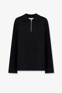 Oamc peacemaker men’s black cotton polo shirt with long sleeves and silver zipper at the neckline