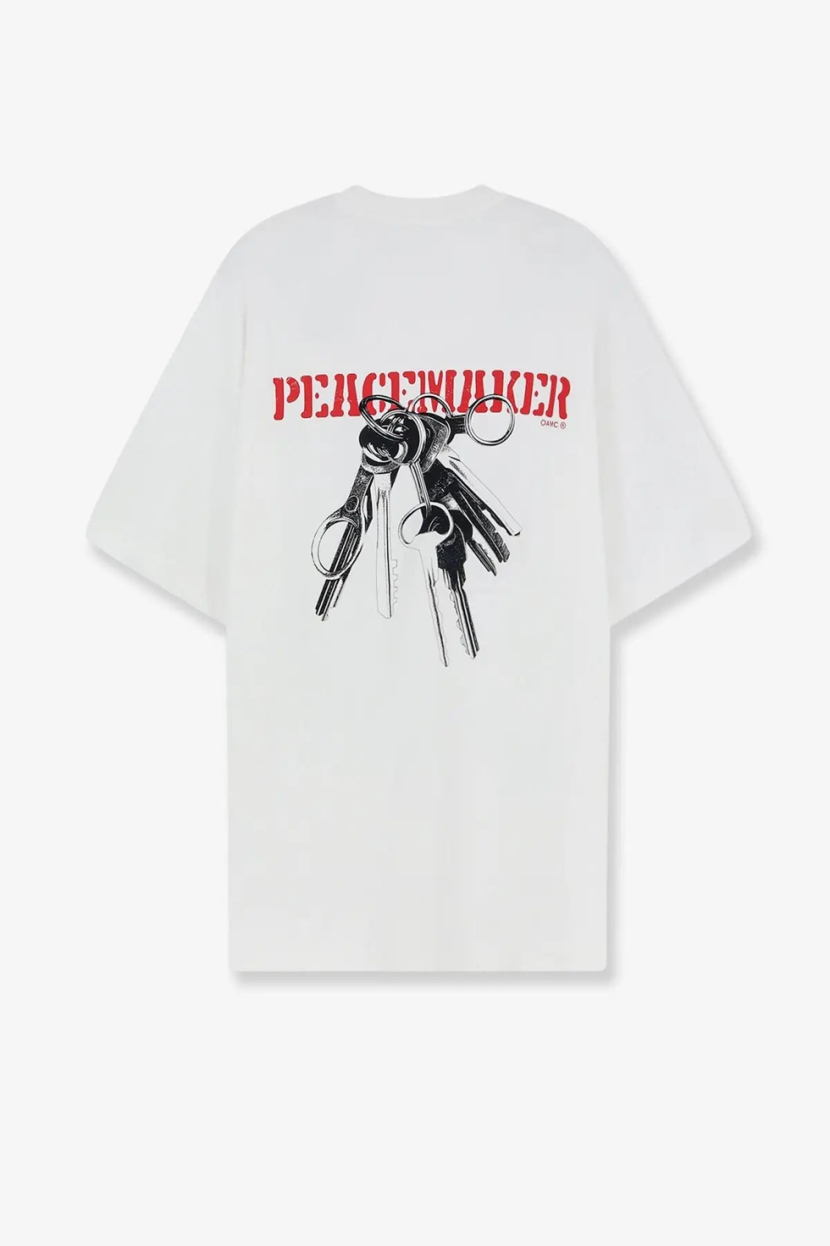 Oamc Peacemaker men’s white cotton oversized t-shirt with bold keys scissors graphic and red peacemaker print