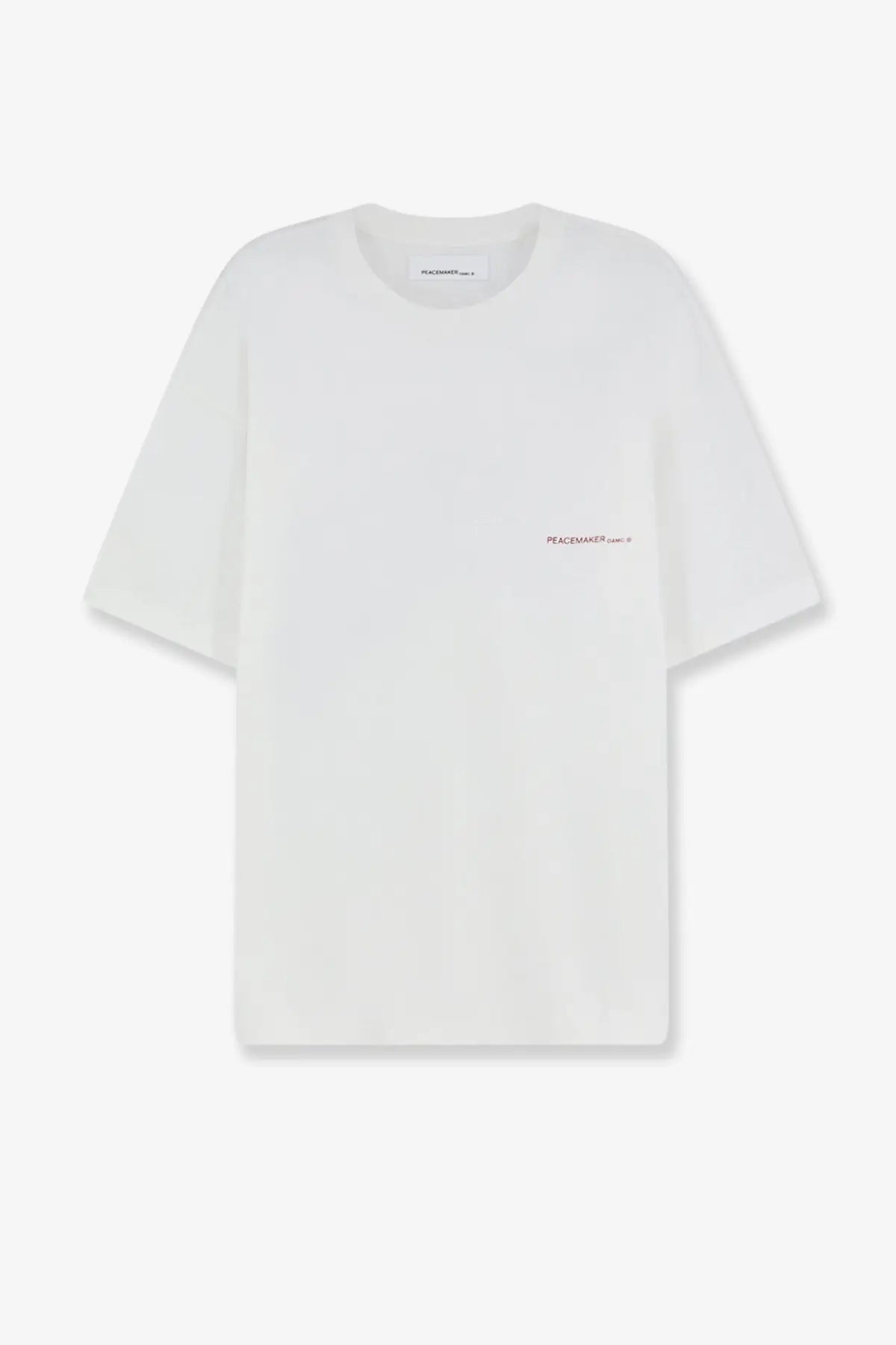 Oamc peacemaker men’s white cotton oversized t-shirt with subtle black peacewalk logo embroidered on left chest