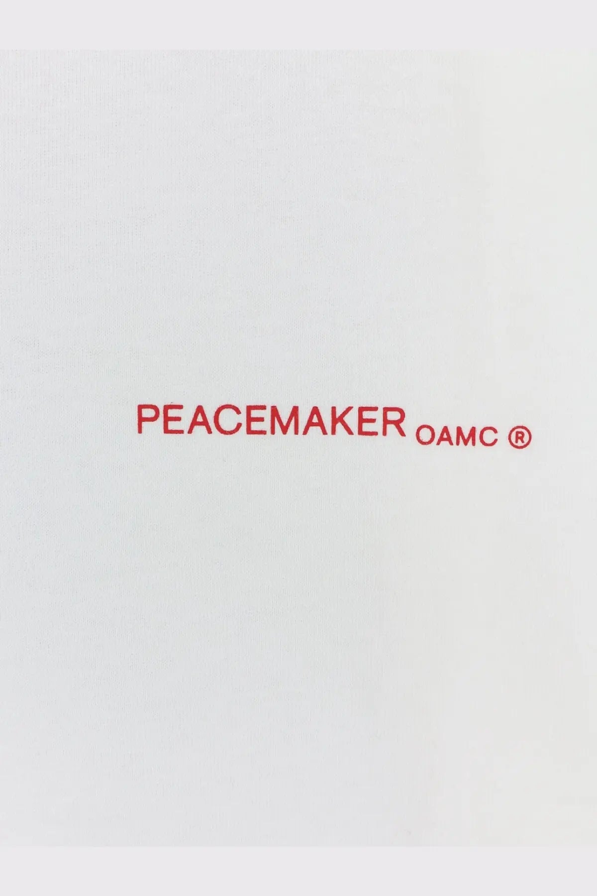 Red peacemaker oamc logo printed on white cotton oamc peacemaker men’s shirt with keys print