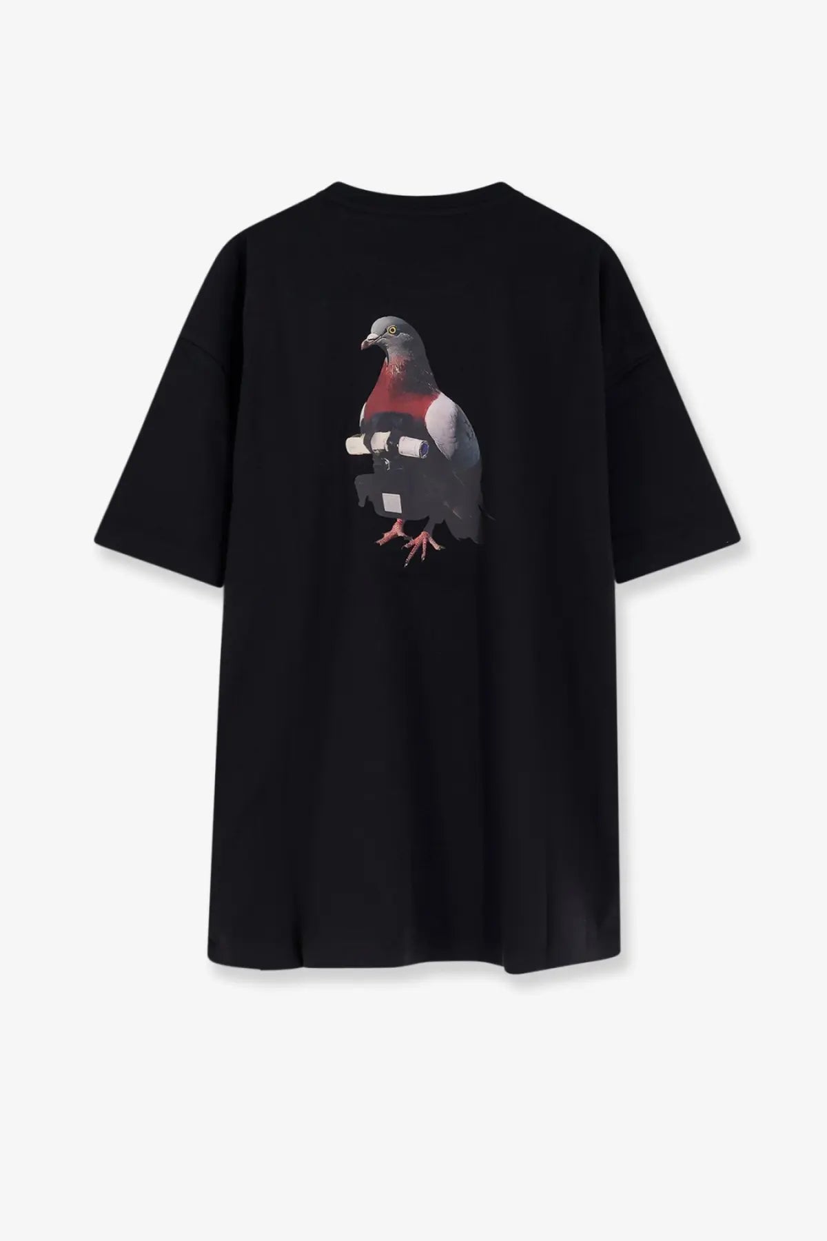 Black oversized oamc peacemaker men’s cotton t-shirt with detailed pigeon graphic holding white camera lenses