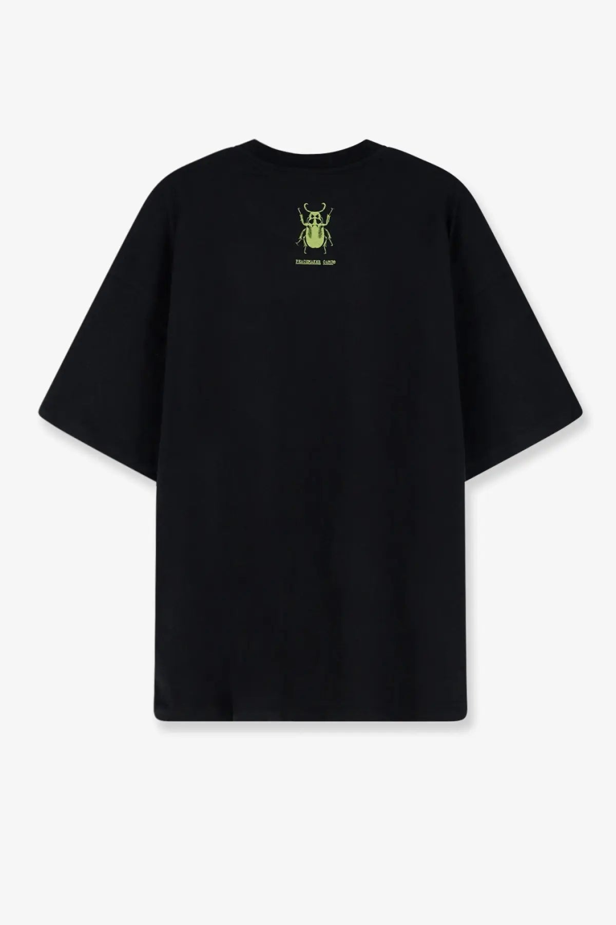 Oamc Peacemaker men’s black oversized cotton t-shirt showing back with small neon green beetle graphic