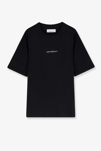 Oamc Peacemaker men’s black cotton t-shirt with short sleeves and subtle white peacemaker embroidery on chest
