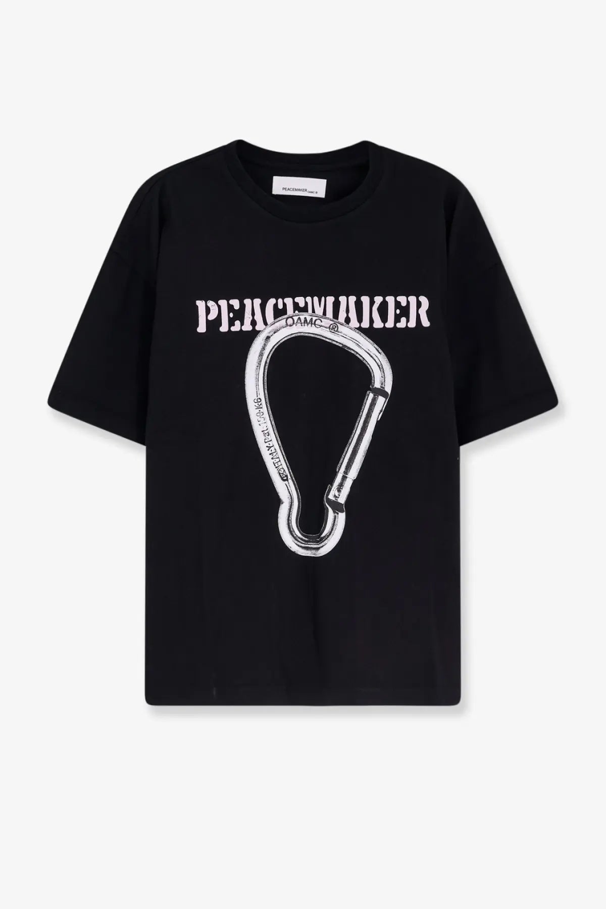 Black oamc peacemaker men’s cotton short-sleeved t-shirt with white carabiner graphic and peacemaker print