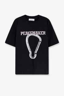 Black oamc peacemaker men’s cotton short-sleeved t-shirt with white carabiner graphic and peacemaker print