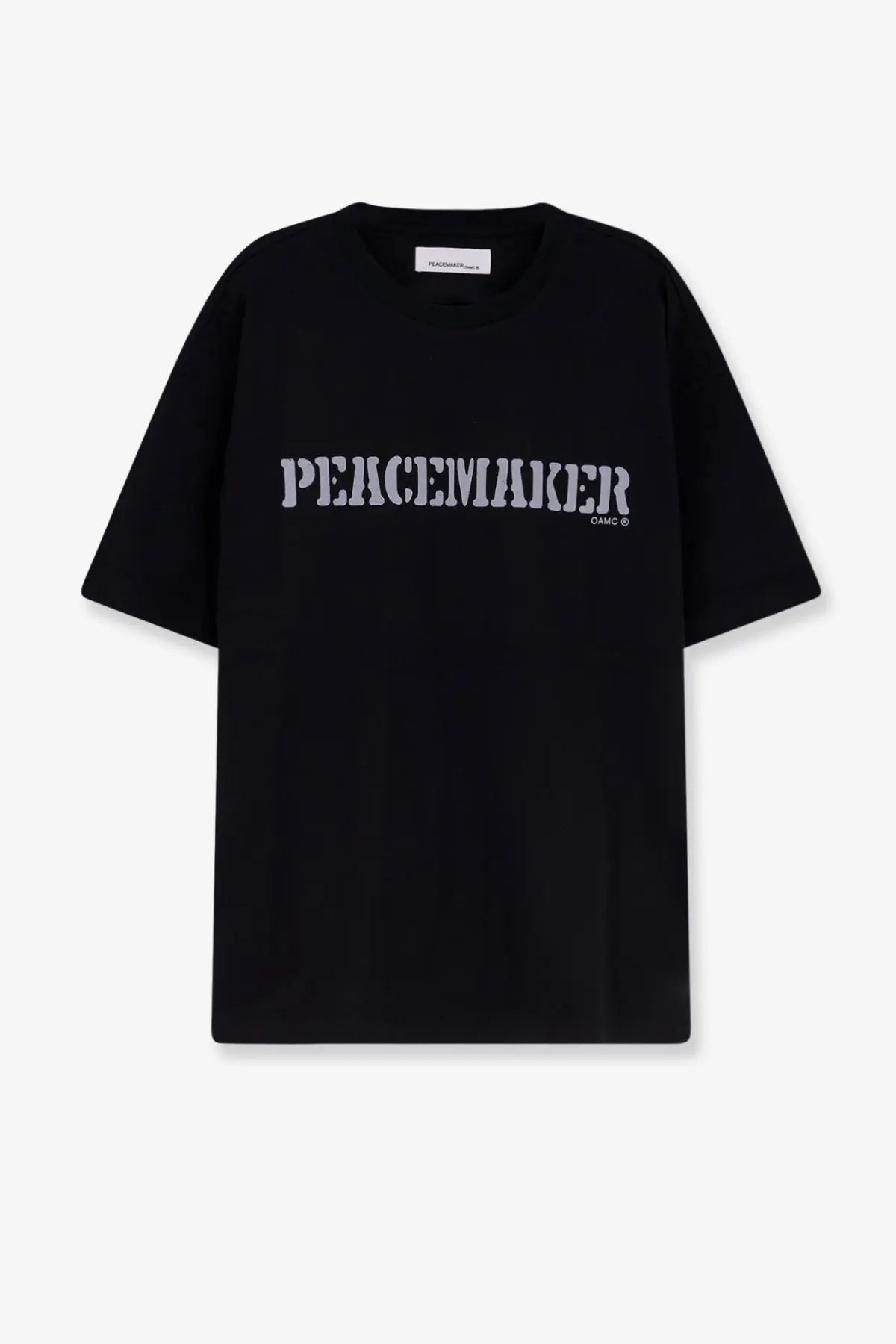 Oamc peacemaker men’s black cotton t-shirt with peacemaker printed in bold distressed white font across the chest