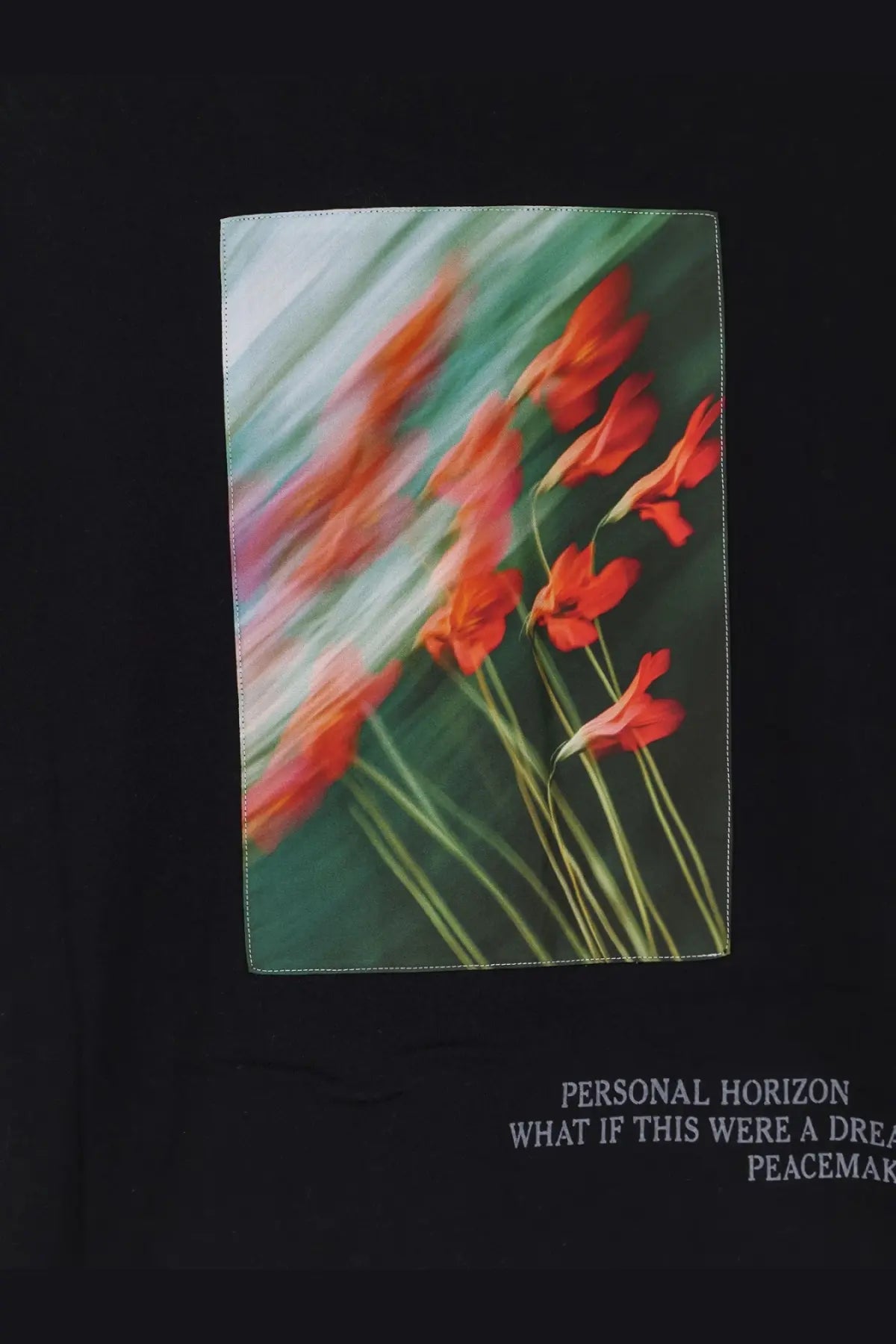 Oamc peacemaker men’s black cotton t-shirt with a rectangular print of vibrant red flowers and green stems on teal background