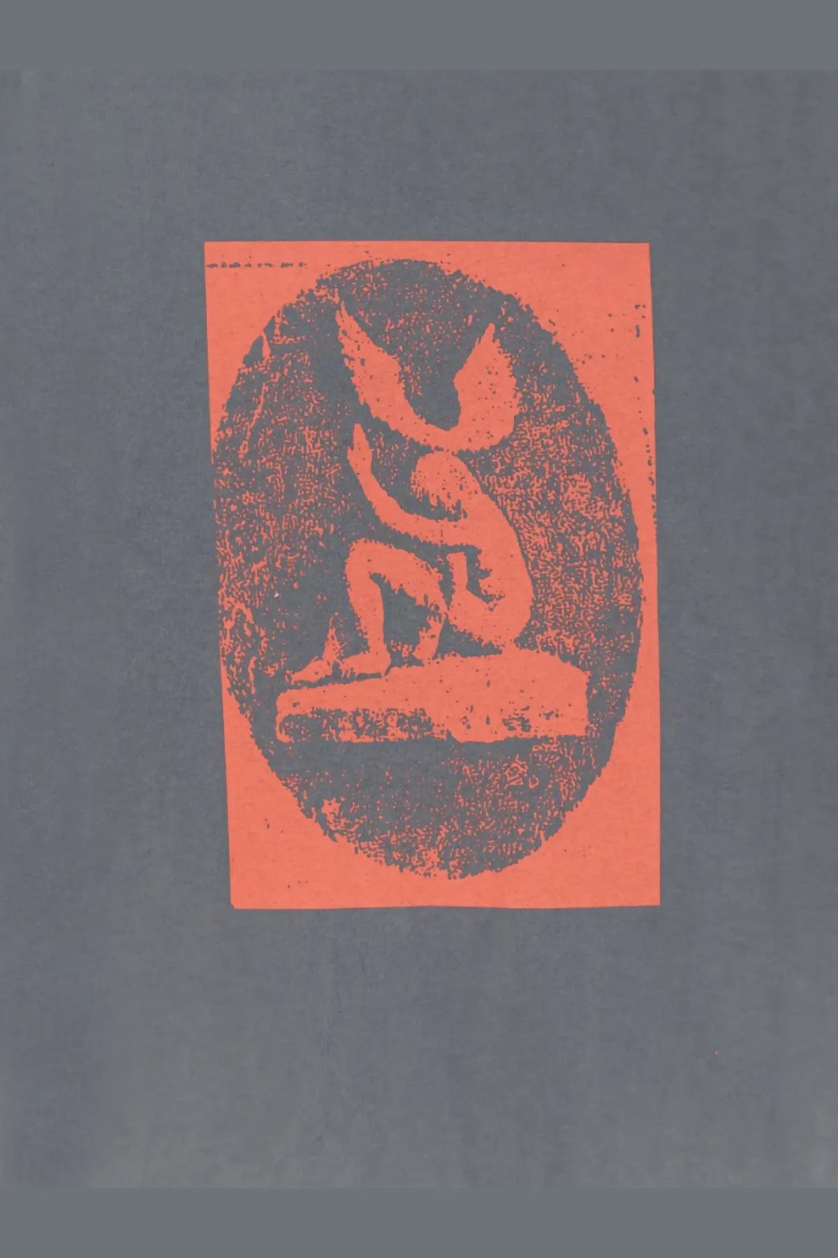 Oamc peacemaker men’s grey cotton shirt with bold red screen printed oval graphic of stylized crouching winged figure