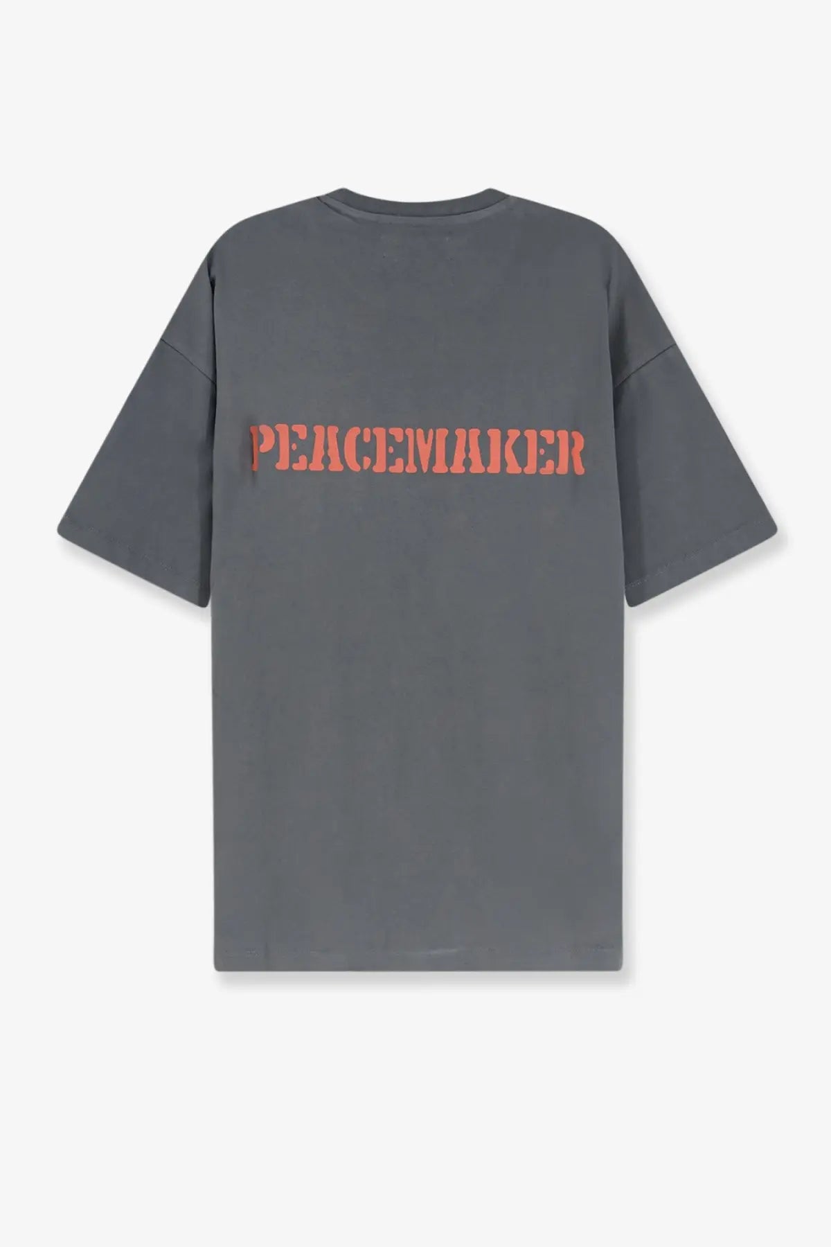 Back view of oamc peacemaker men’s dark gray oversized cotton t-shirt with bold orange peacemaker lettering