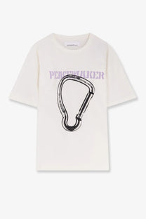 Oamc Peacemaker men’s cream cotton t-shirt with black and purple carabiner graphic and penguinwalker print