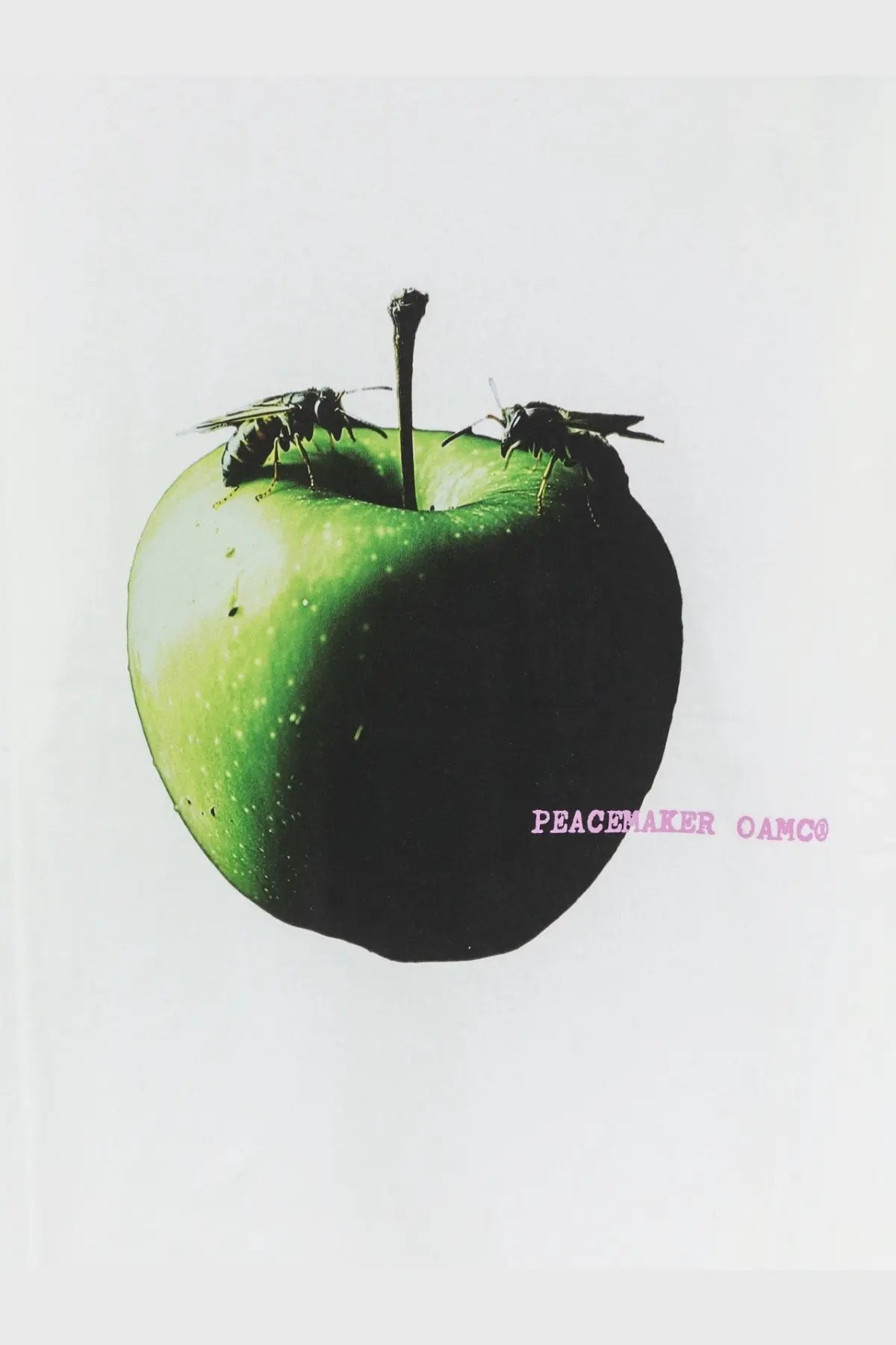 Oamc peacemaker men’s white cotton shirt paired with a glossy green apple featuring two black wasps on its surface
