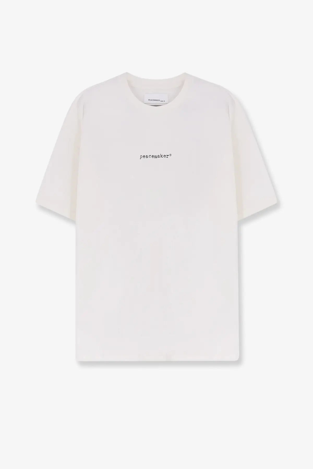 Oamc Peacemaker men’s off-white cotton t-shirt with a small black peacemaker logo embroidered on the chest