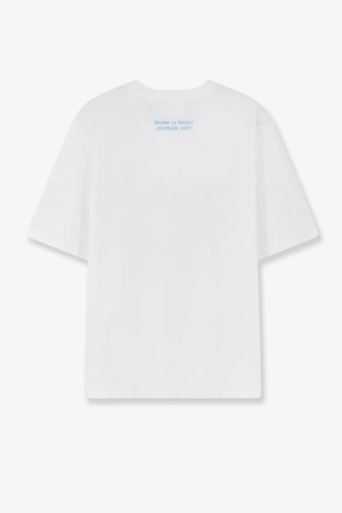 Oamc Peacemaker men’s white oversized cotton t-shirt with subtle blue text print at the neckline