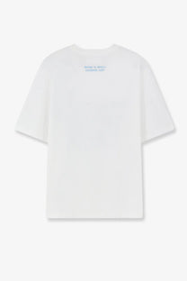 Oamc Peacemaker men’s white oversized cotton t-shirt with subtle blue text print at the neckline