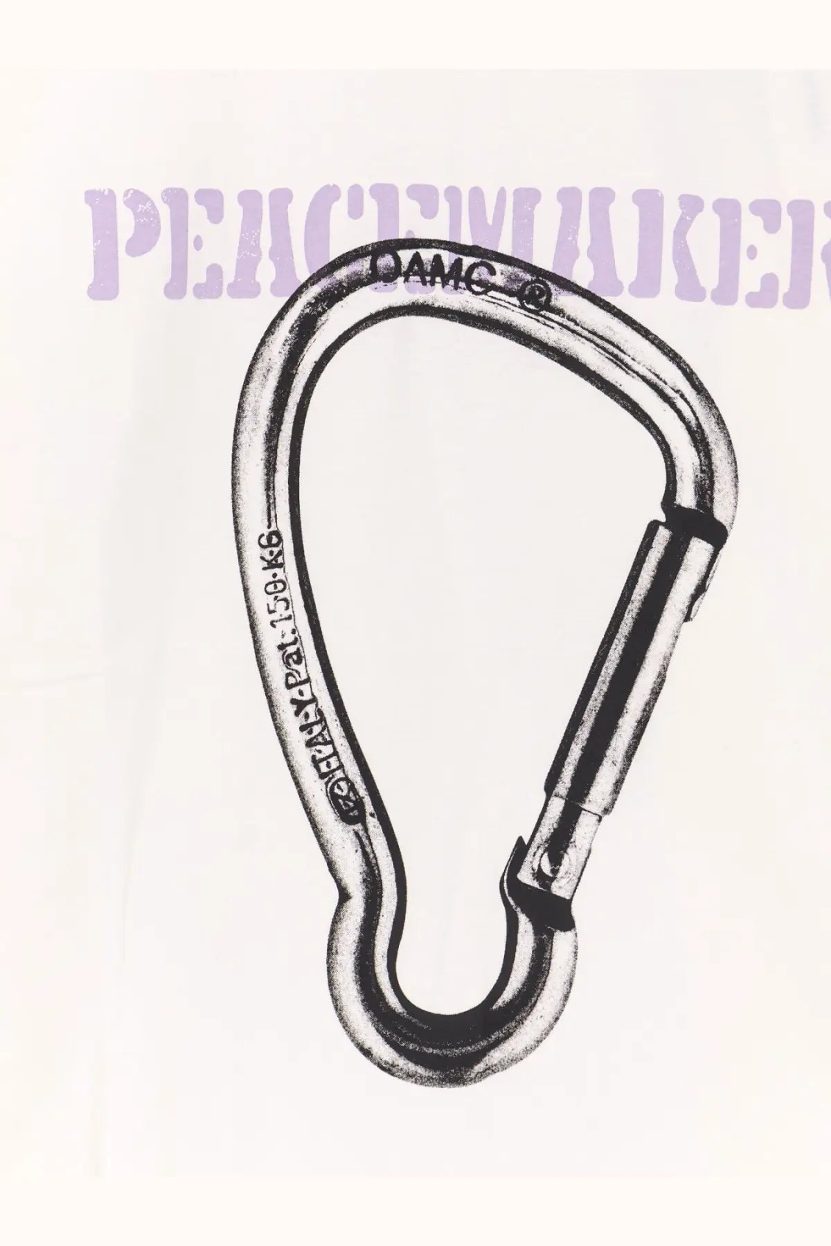 Silver metal carabiner with black locking gate and damg branding paired with oamc peacemaker men’s white cotton shirt
