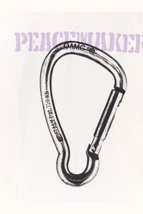 Silver metal carabiner with black locking gate and damg branding paired with oamc peacemaker men’s white cotton shirt