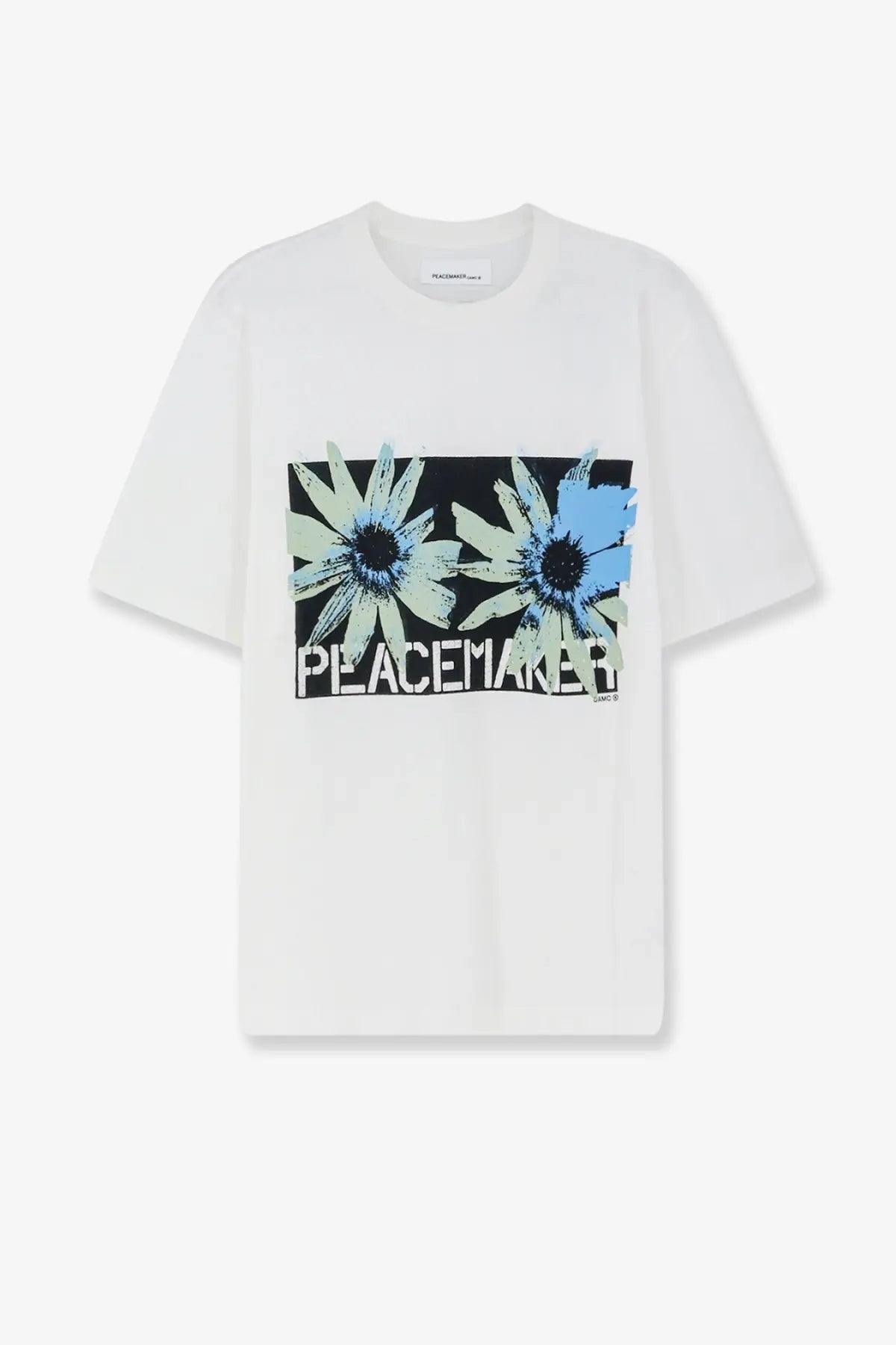White cotton oamc peacemaker men’s t-shirt with bold blue and green daisies graphic and block letters print
