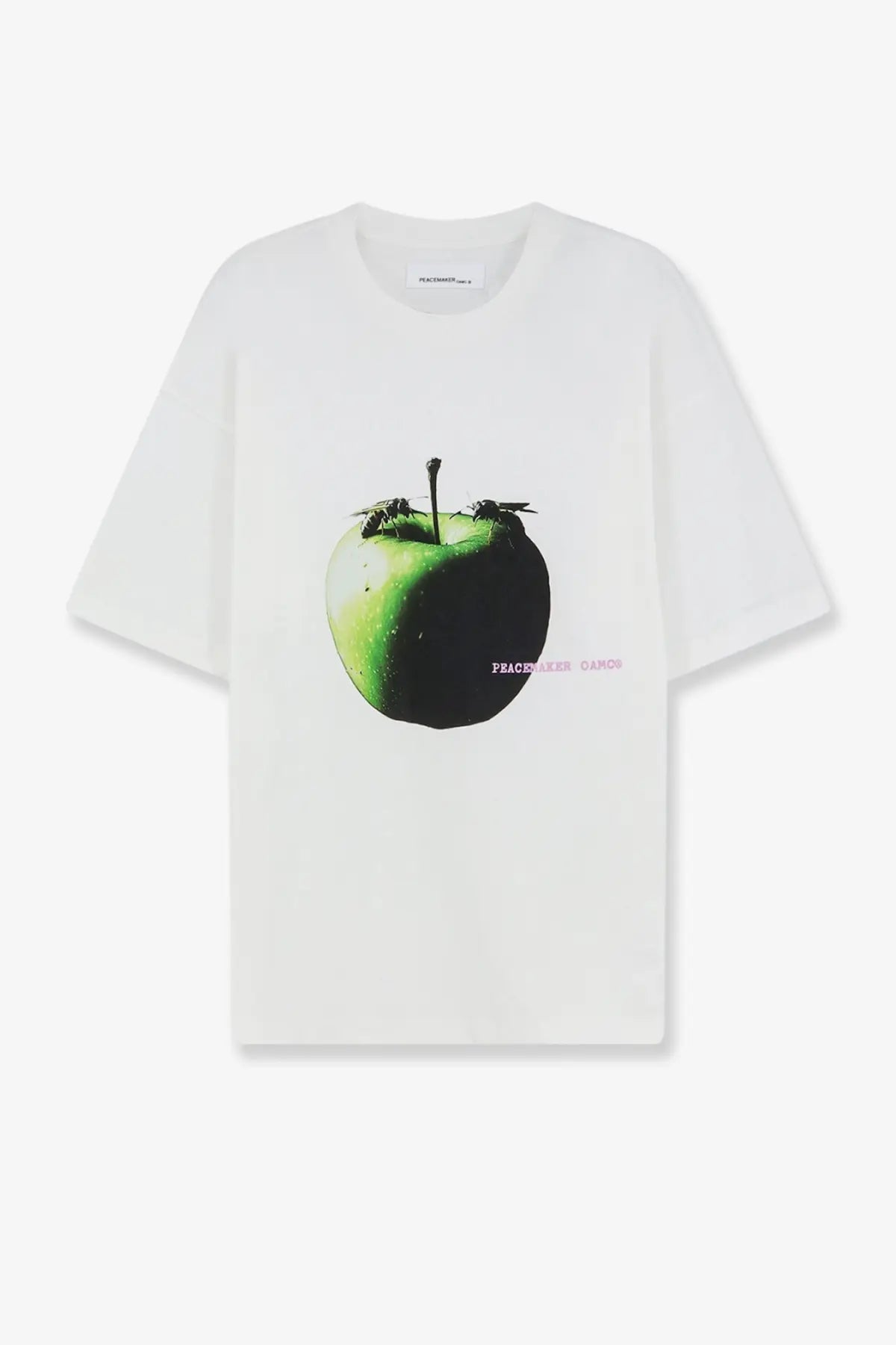 Oamc peacemaker men’s white cotton t-shirt with bold graphic of split green and black apple and two wasps