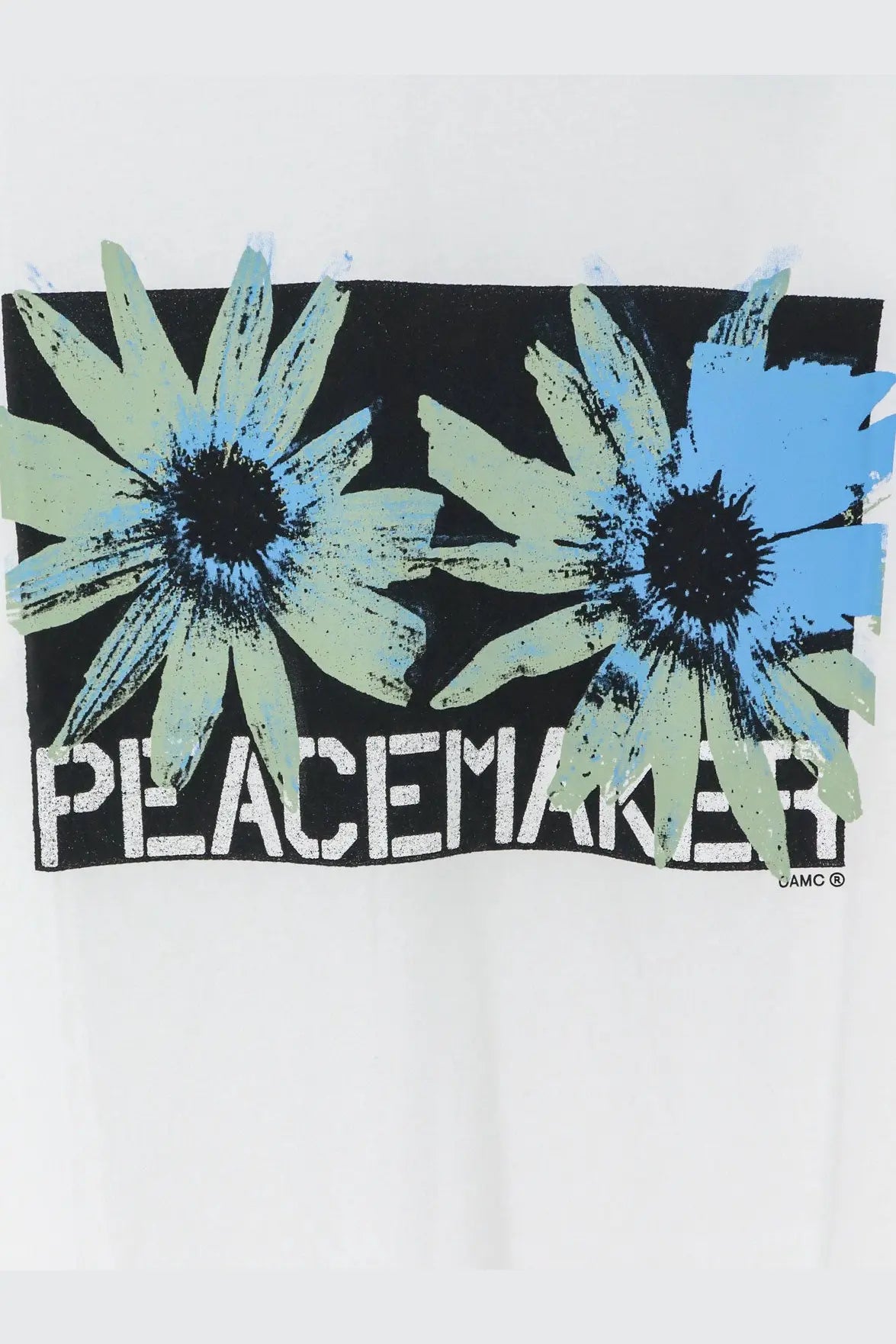 Oamc peacemaker men’s white cotton t-shirt with bold blue and green daisy graphic and black peacemaker text