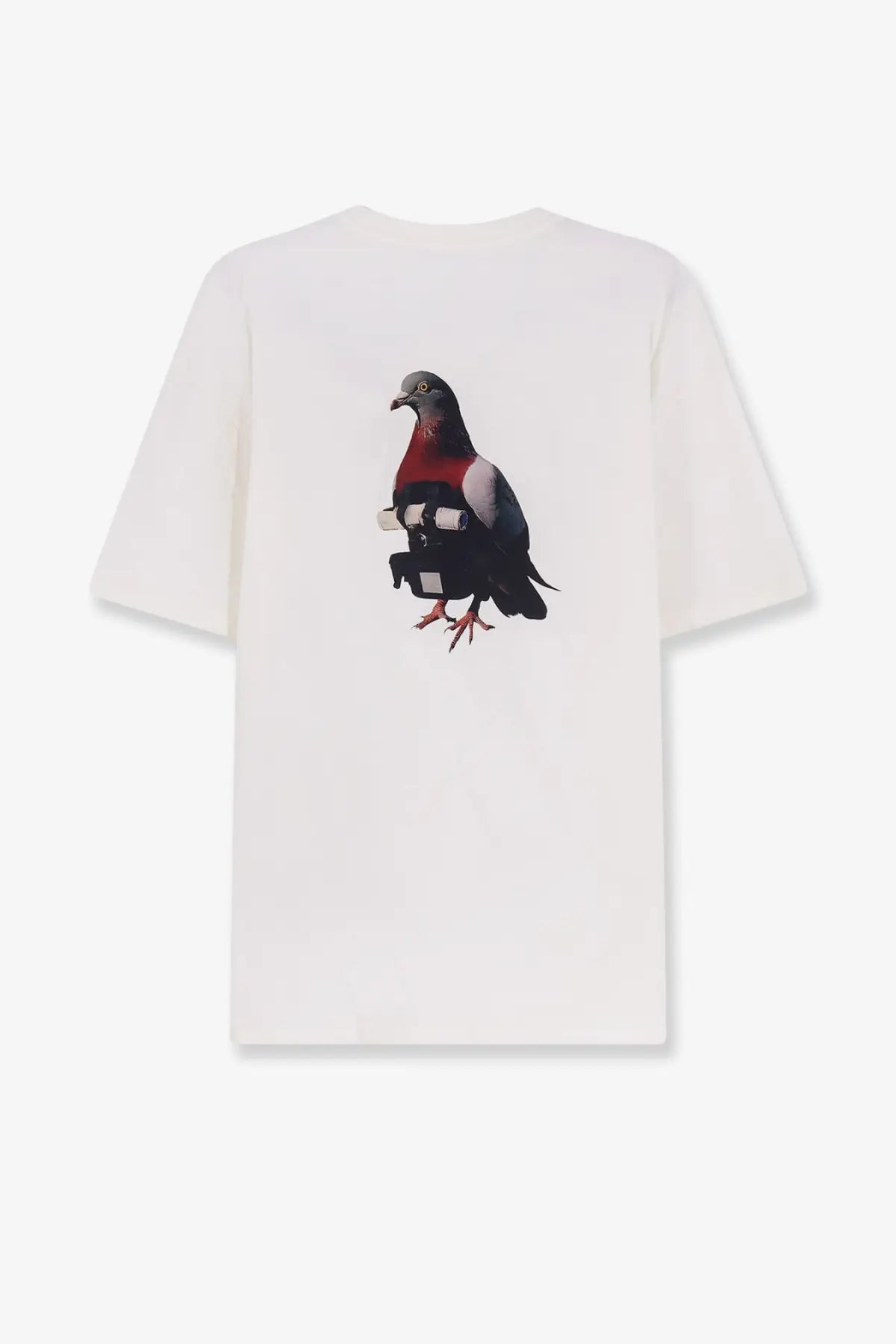 Oamc peacemaker men’s white cotton t-shirt with detailed red gray pigeon graphic wearing black camera harness
