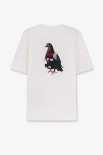 Oamc peacemaker men’s white cotton t-shirt with detailed red gray pigeon graphic wearing black camera harness