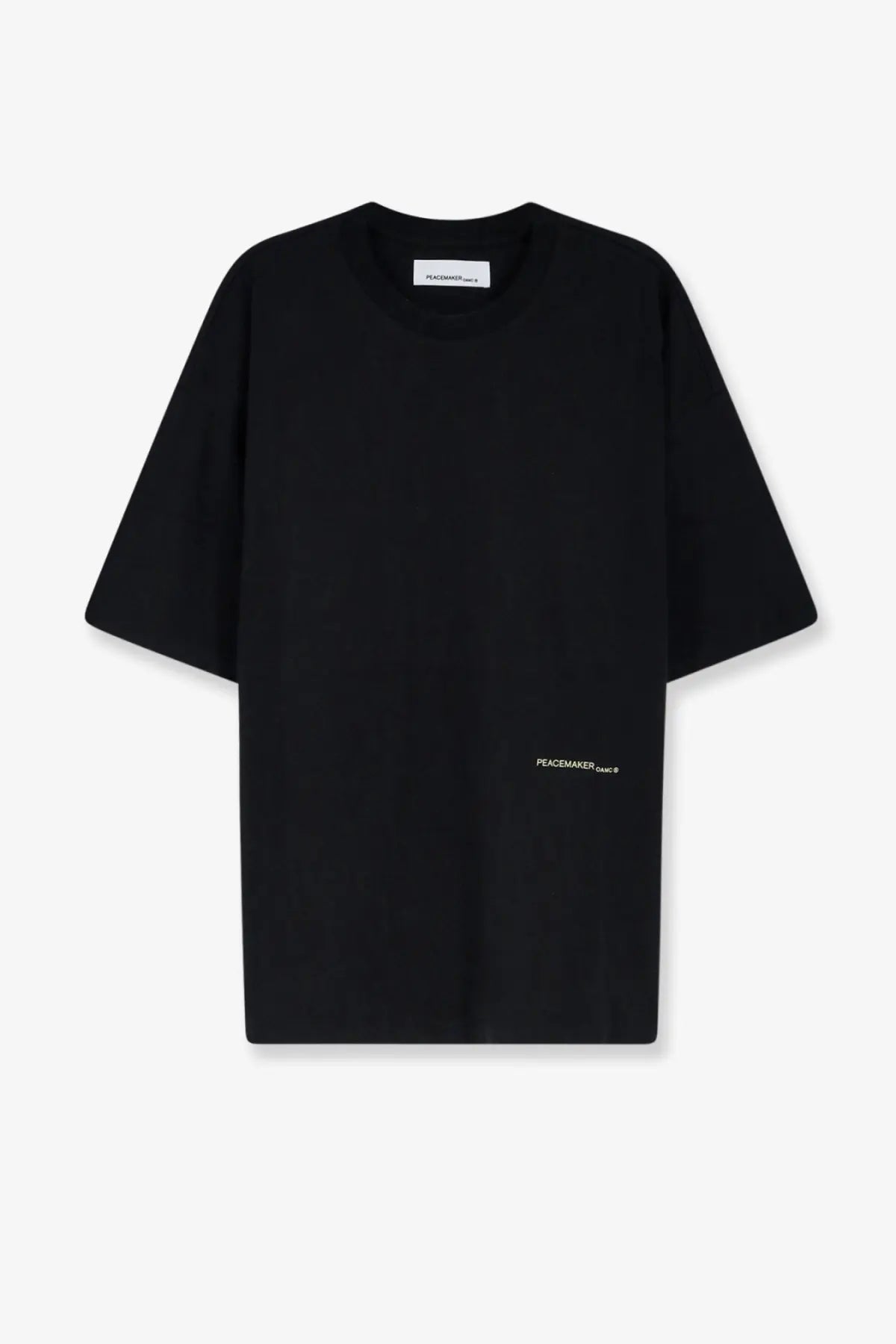 Oamc peacemaker men’s black cotton t-shirt with crew neck subtle white text branding and small label at neckline