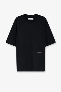 Oamc peacemaker men’s black cotton t-shirt with crew neck subtle white text branding and small label at neckline