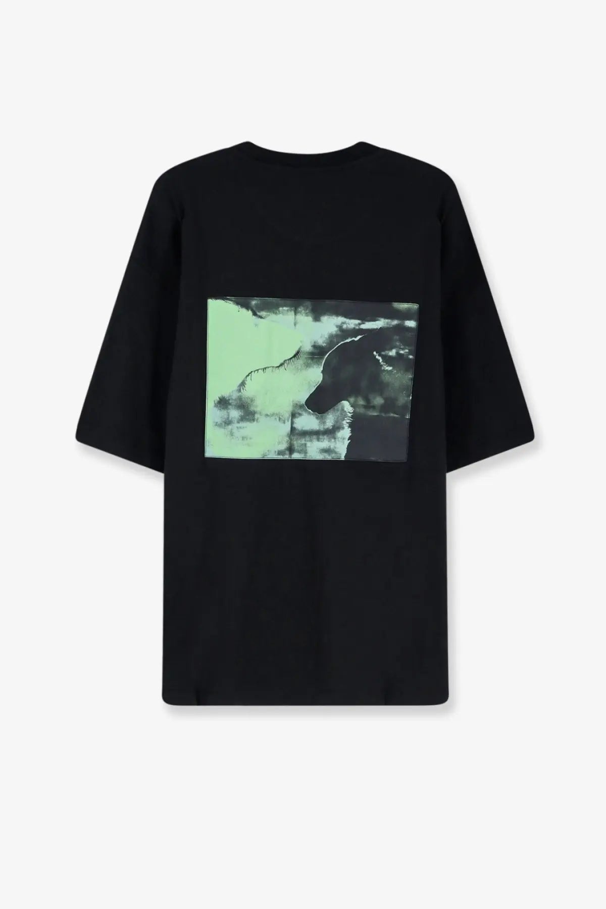 Black oversized oamc peacemaker men’s cotton t-shirt with rectangular dog silhouette graphic on muted green gray background