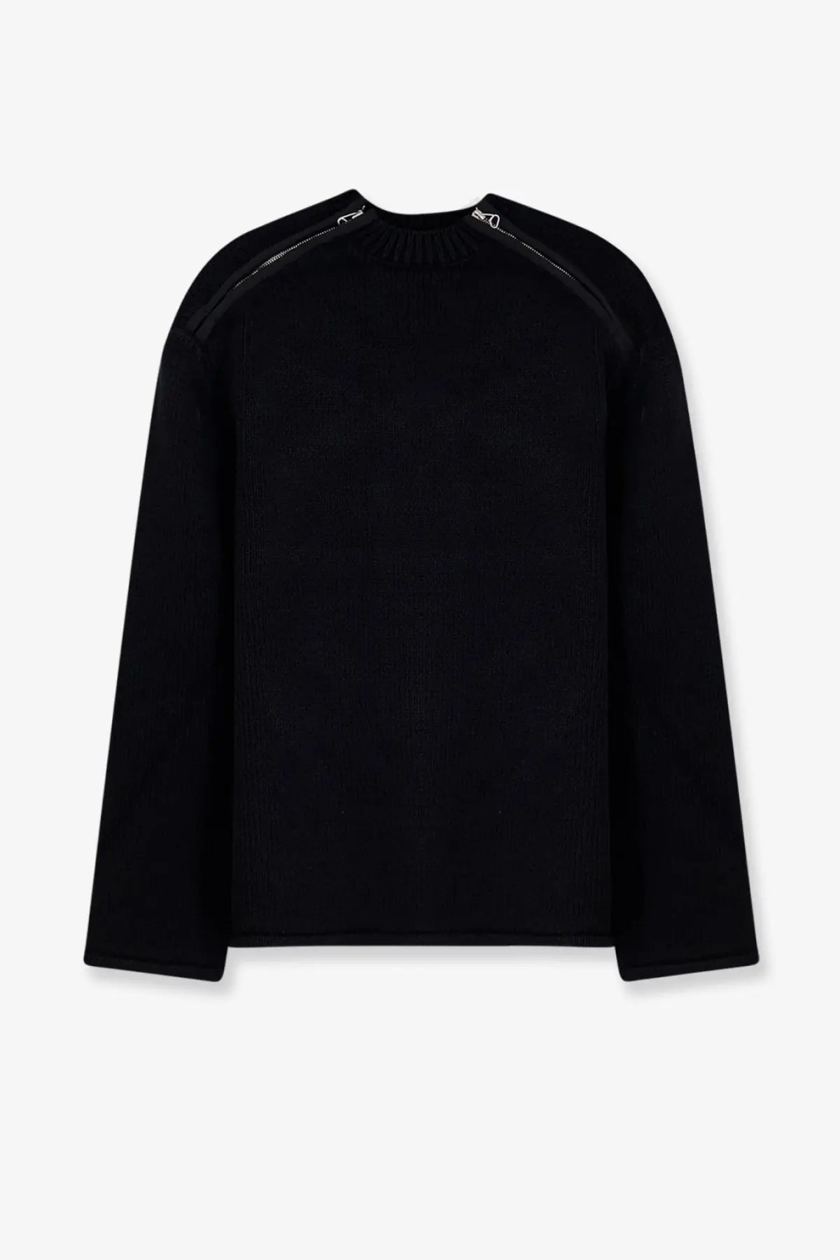 Oamc Peacemaker men’s black cotton ribbed knit sweater with silver shoulder zippers