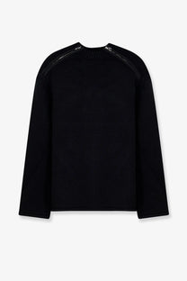 Oamc peacemaker men’s black cotton ribbed knit sweater with silver zippers on shoulders