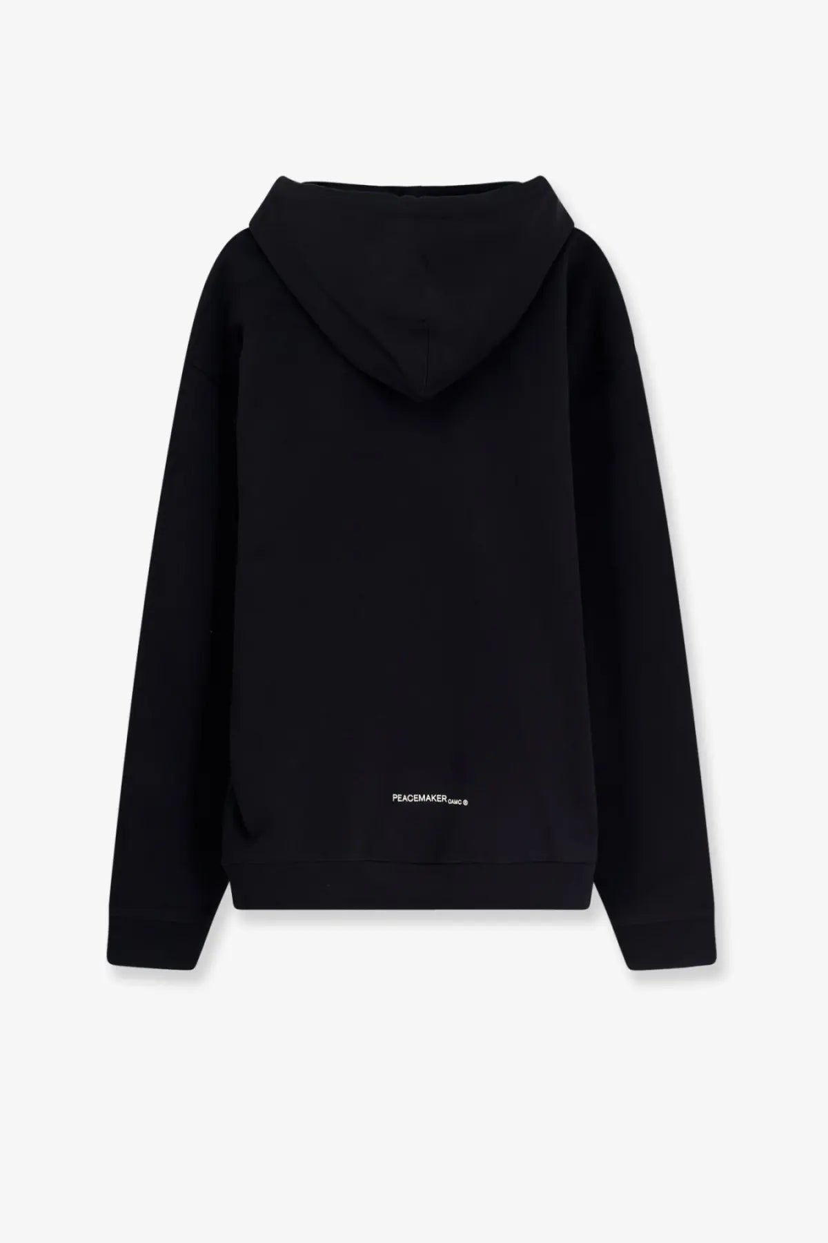 Black oamc peacemaker men’s cotton sweatshirt with hood and subtle white logo at the bottom center