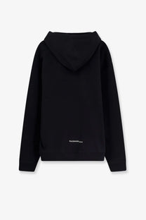 Black oamc peacemaker men’s cotton sweatshirt with hood and subtle white logo at the bottom center