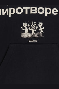 Black oamc peacemaker men’s cotton sweatshirt with white cartoon graphic and оамс text on the front
