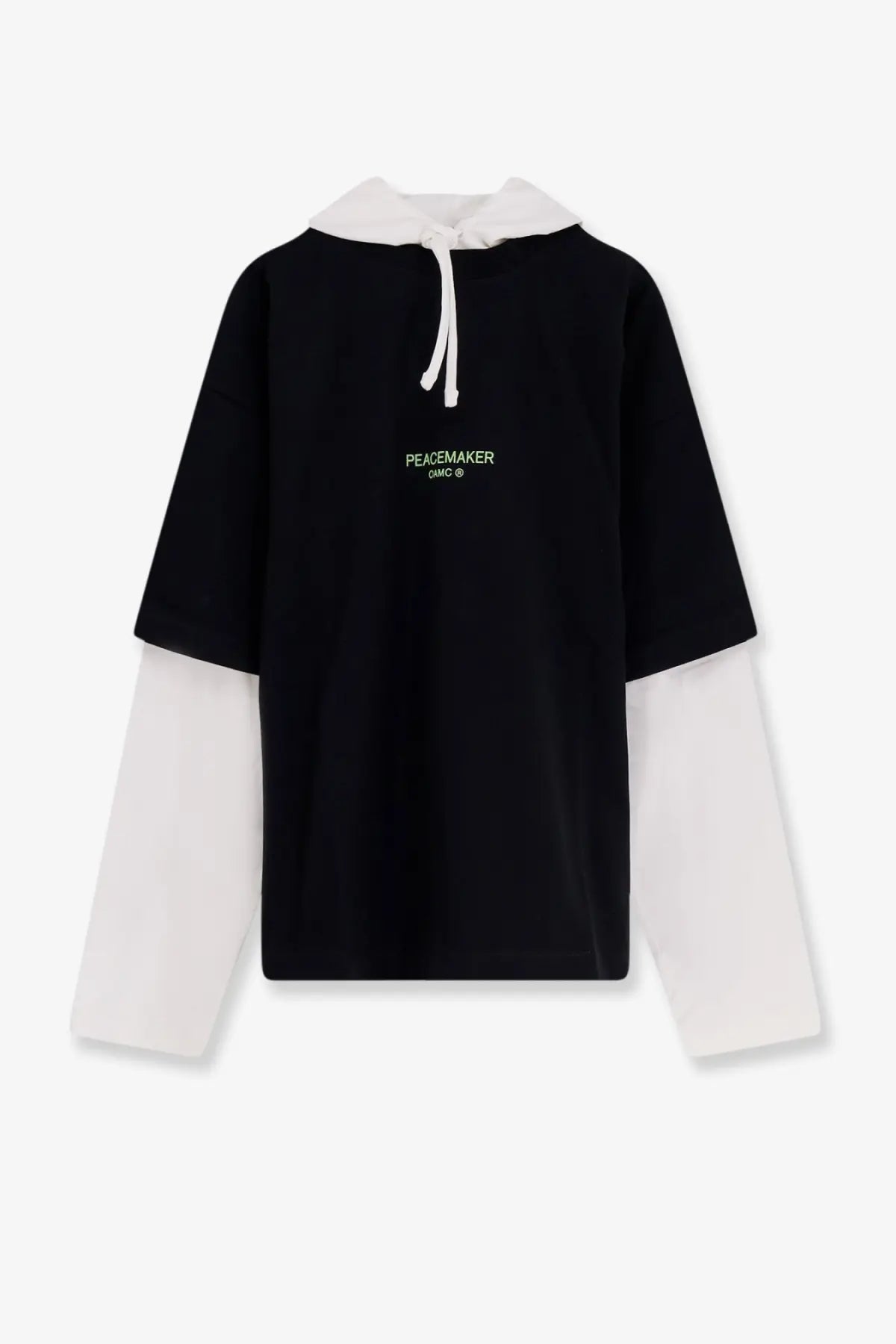 Oamc Peacemaker men’s black and white cotton hoodie with drawstring hood and light green peacemaker logo embroidery