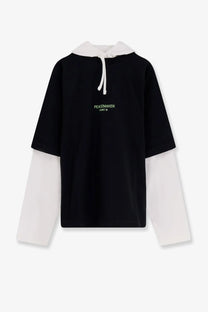 Oamc Peacemaker men’s black and white cotton hoodie with drawstring hood and light green peacemaker logo embroidery