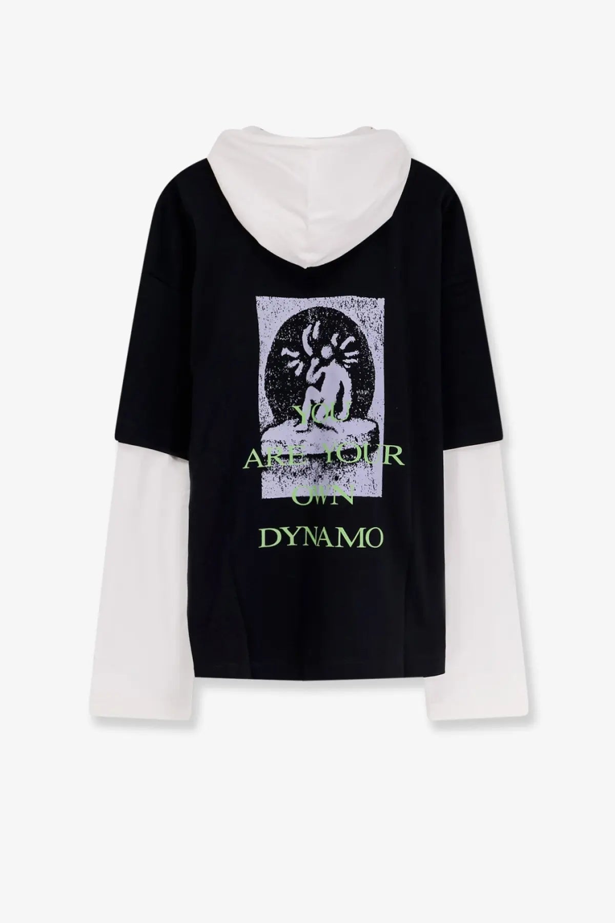 Oamc Peacemaker men’s cotton sweatshirt black with black and white layered hoodie and neon green you are your own dynamo print