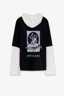 Oamc Peacemaker men’s cotton sweatshirt black with black and white layered hoodie and neon green you are your own dynamo print