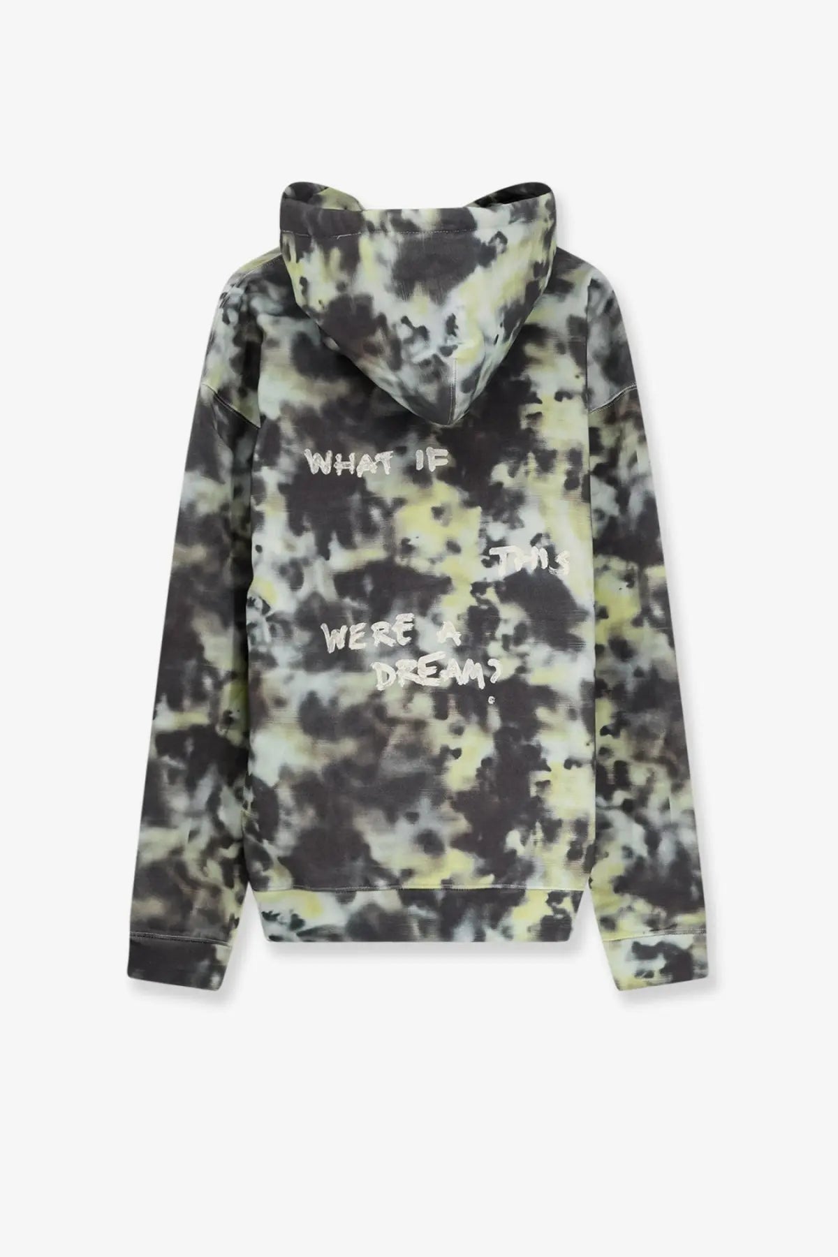 Back of oamc peacemaker men’s cotton sweatshirt in black and pale green tie dye with white graffiti style text