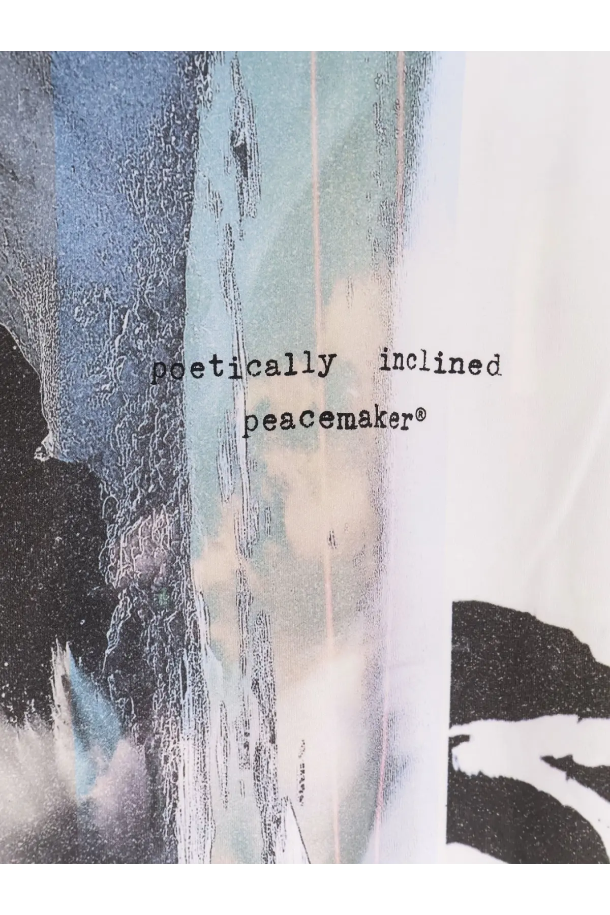 Oamc peacemaker men’s cotton sweatshirt multicolor with textured abstract blue white collage and poetically inclined peacemaker text