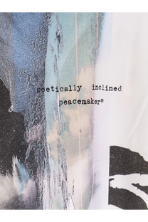 Oamc peacemaker men’s cotton sweatshirt multicolor with textured abstract blue white collage and poetically inclined peacemaker text