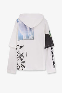 Back of oamc peacemaker men’s white cotton hoodie with sky print, black graphic, and denim patch sleeve multicolor