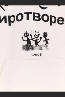 Oamc peacemaker men’s white cotton hoodie with black graphic of three cartoon figures and brand logo printed front