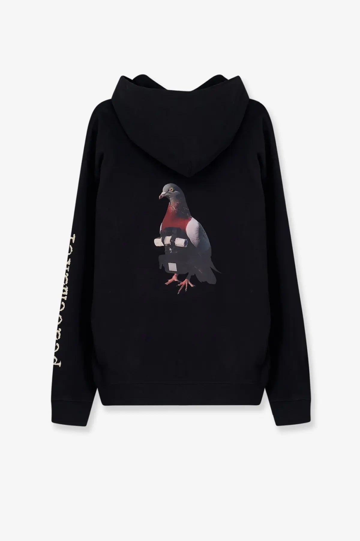 Black oamc peacemaker men’s felpa in cotone hoodie showing back with detailed red and gray pigeon graphic holding camera