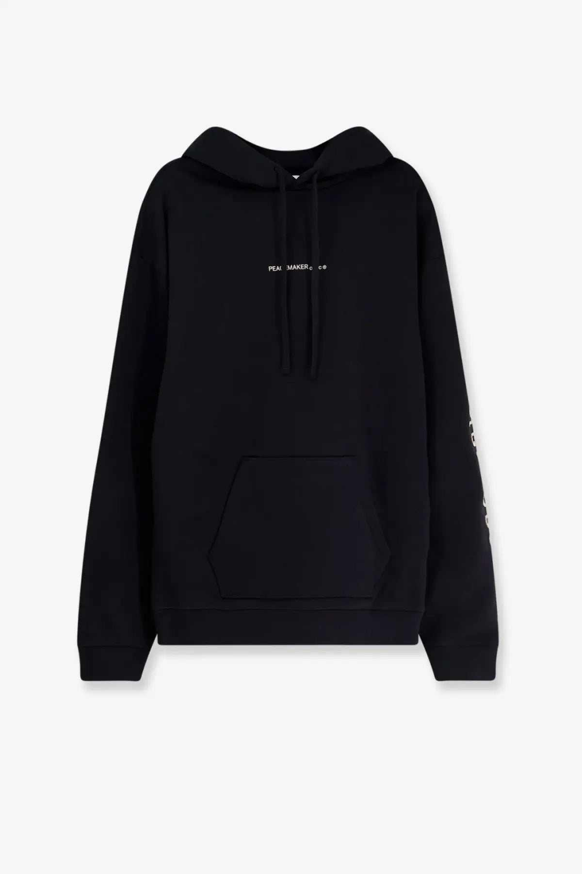 Black cotton blend oamc peacemaker men’s felpa hoodie with subtle white peanut maker co logo on chest and sleeve