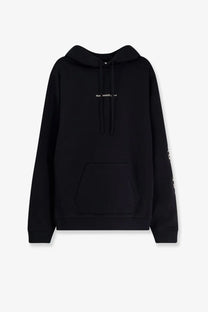 Black cotton blend oamc peacemaker men’s felpa hoodie with subtle white peanut maker co logo on chest and sleeve
