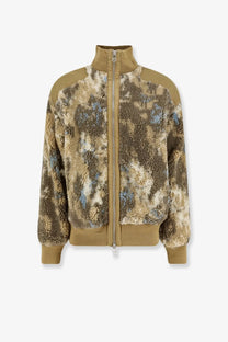 Oamc peacemaker men’s fleece synthetic fur bomber jacket in tan and beige tie-dye with solid tan shearling panels