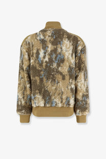 Oamc peacemaker men’s fleece synthetic fur bomber jacket in tan beige tie dye with blue accents and shearling details
